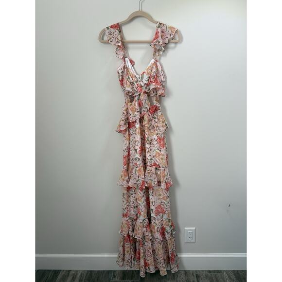 WAYF Floral Chiffon Ruffle Cutout Maxi Dress Romatic Tiered Pink Fairy Whimsy Sm - Picture 7 of 16